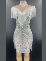 Rhinestone Black White Wrap Hip Bodycon Fringe Transparent Short Dress Evening Birthday Celebrate Prom Bar Dancer Mesh Dress