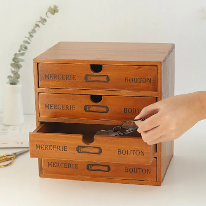  Retro Wooden Storage Drawer Office Desktop Storage Box Jewelry Cosmetic Finishing Box Storage Cabin