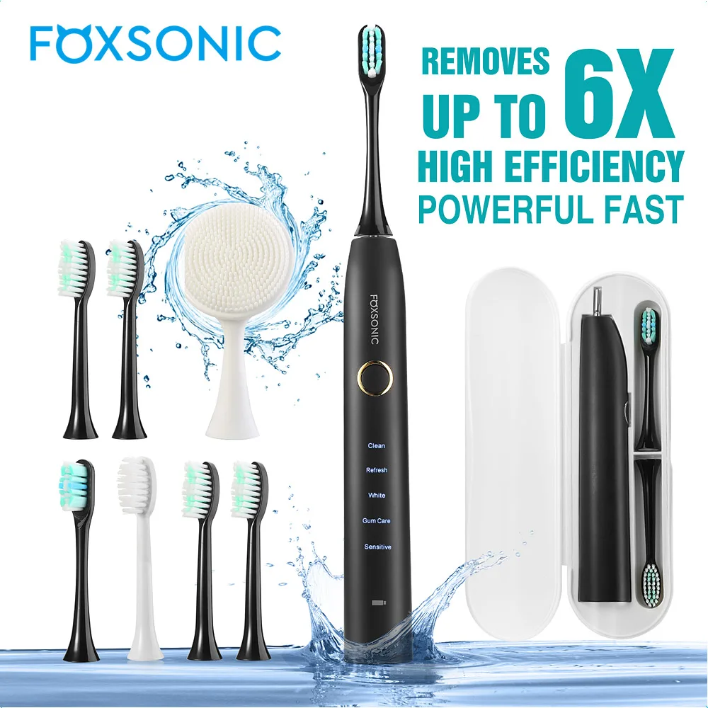 

FOXSONIC Sonic Rechargeable Electric Toothbrush 5 Modes with Facial Cleansing Brush Head Facial spa, 6 Brush Heads