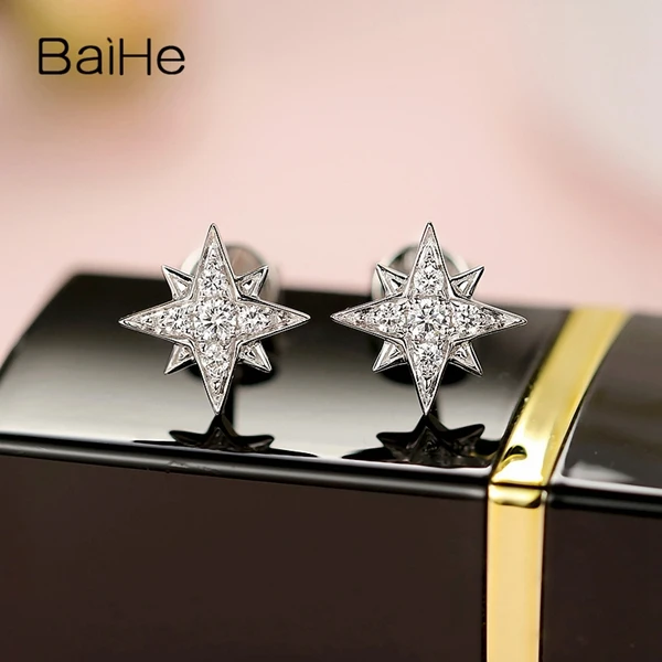 BAIHE Solid 14K белое золото(AU585) 0.12ct H/SI круглые натуральные бриллианты Свадебные модные ювелирные изделия подарок серьги-гвоздики