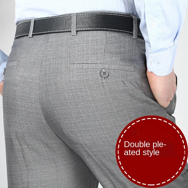 Double Pleated Men Suit Pants High Waist Straight Loose Office Formal Dress Trouser for Man Black Gray Big Size 40 42 44