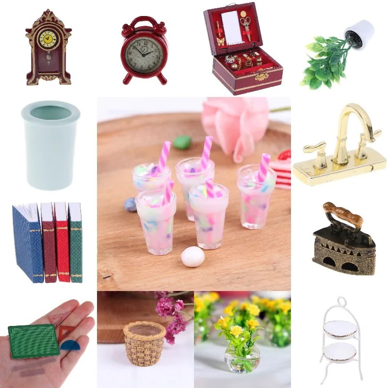 

Mini 1/12 Miniature Wall Clock Bird Cage Trash Can Candy Bottle Milk Tea Dollhouse Furniture Toys Doll House Decoration Access