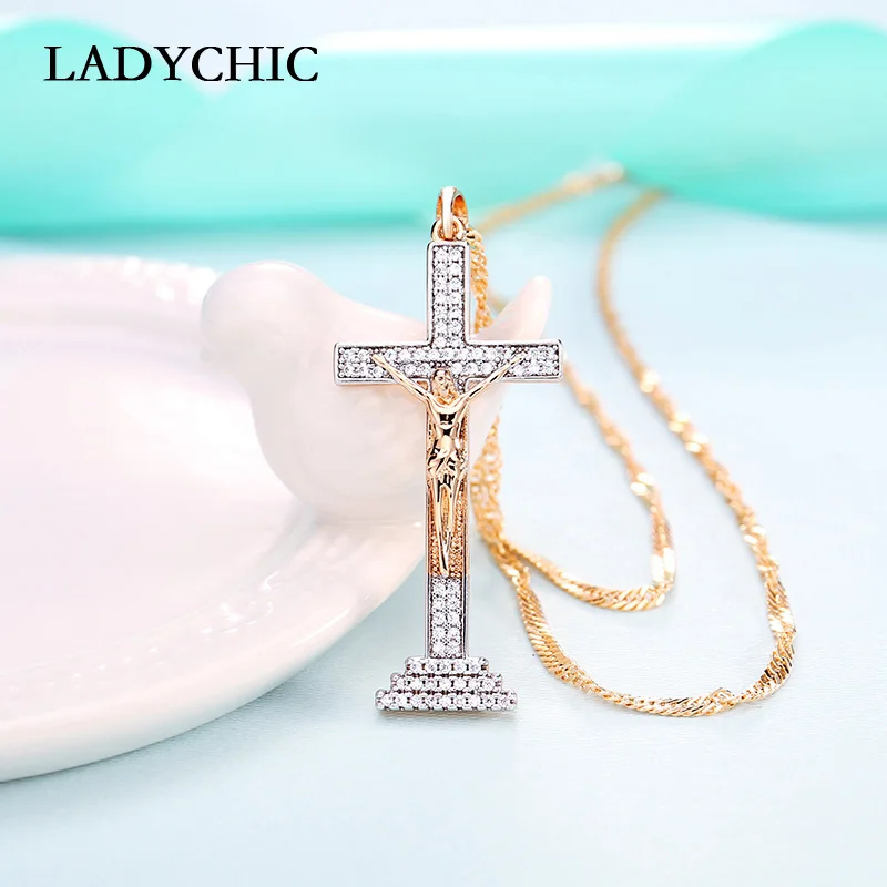 

LADYCHIC Crucifix Jesus Copper Pendant & Necklace for Women Men Cubic Zircon Gold Color Religious Cross Jewelry Wholesale LN1093