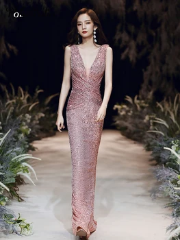 

Sequins Pink Mermaid Evening Dresses 2020 Deep V-neck Shoulder Straps Floor-length Pleated Long Prom Gown