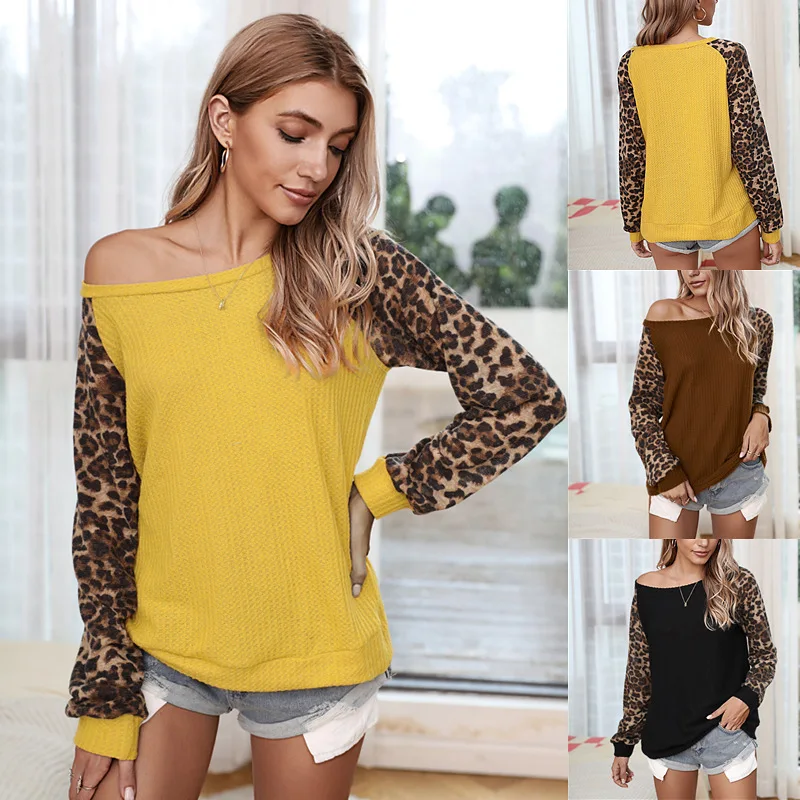 

Casual Women Sweater 2020 Autumn Slash Neck Pullovers Thin Leopard Patchwork Sweaters Oversize Ladies Jumpers Women Knitted Tops