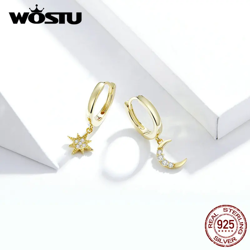 WOSTU подлинные 925 пробы серебряные серьги в виде звезд и Луны для женщин,, модные золотые цветные циркониевые серьги, модное ювелирное изделие FIE785