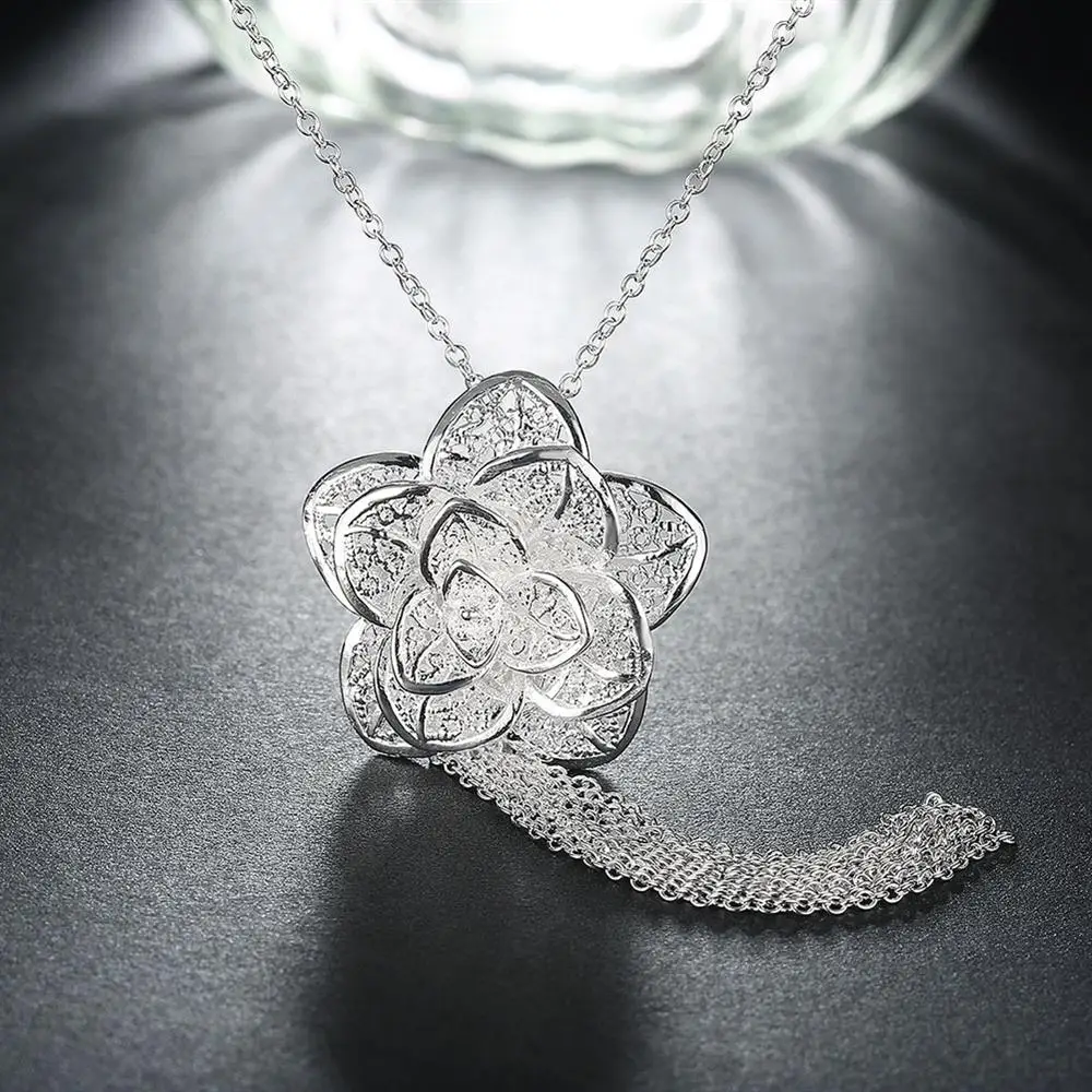 New 925 Stamp Silver color Retro beautiful flowers Pendant Necklace For