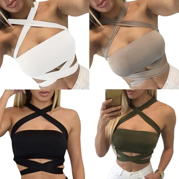 

Women Summer Sexy Criss Cross Halter Bandage Crop Top Tank Cut Out Bustier Cami L4ME