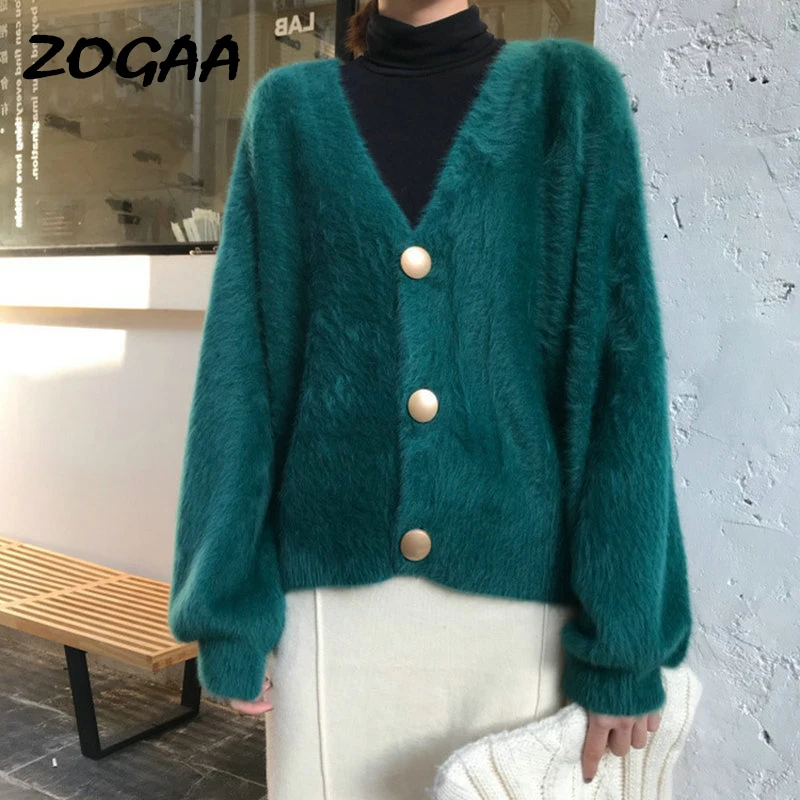

ZOGAA Women's Autumn Knitted Cardigan Faux Velvet V-neck Single Button Long Sleeve Loose Casual Streetwear Sweaters Female Tops