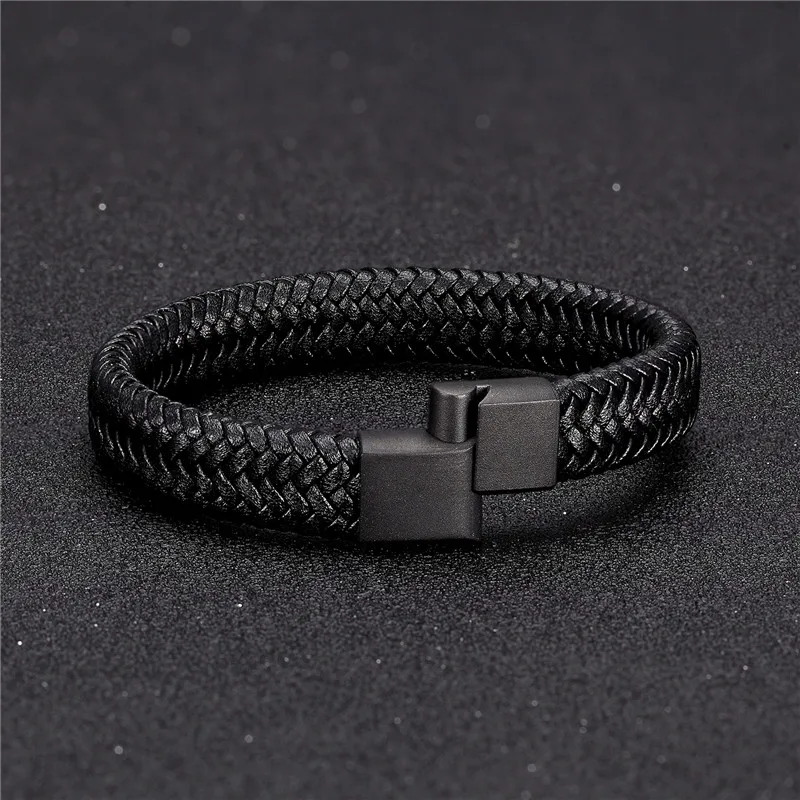 Bracelet Jewelry MKENDN Punk Men Leather Bracelet Black Stainless Steel Magnetic Clasp Braided Woven Bangle Pulseras lovers' gift