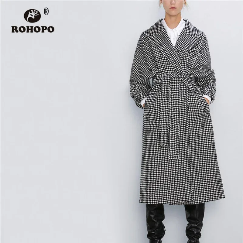 ROHOPO Houndstooth пояс Зубчатый воротник миди серый смесь Пальто Кнопки для пряжки Culf передний рант карманы осенние клетчатые Капа#9293