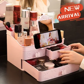 

Mirror Makeup Organizer Box Drawer Cosmetic Organnizer Brush-Jewerly-Nail Ponish Tissue Storage Box Phone Holder Large Capacity