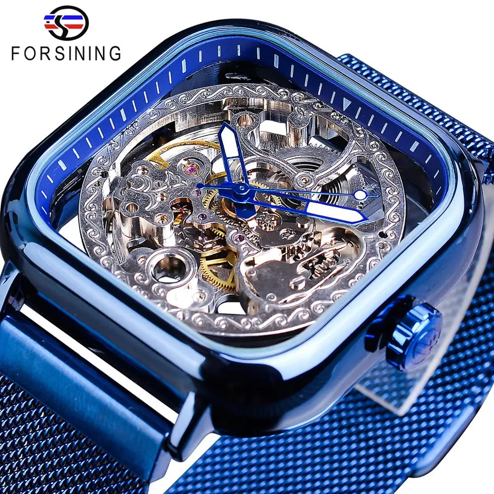 Skup Forsining niebieskie zegarki dla mężczyzn automatyczna mechaniczna moda sukienka kwadratowy szkielet Wrist Watch slim, z siatką pasek stalowy zegar analogowy