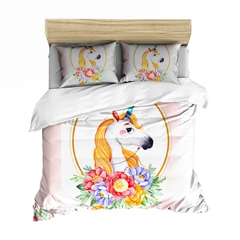 

Nordic style pink unicorn printed quilt cover 180*210cm small fresh unicorn girl bed cover single bed single 1.5M bed QUEEN size