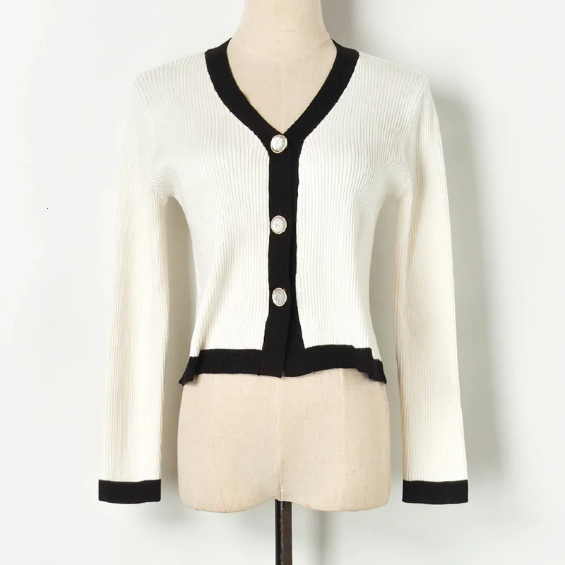 V-collar) cardigan Новое поступление белый хит цвет V образным вырезом короткий эластичность яма бар с длинным рукавом Вязание кардиган женщина Y90823 - Цвет: V-collar) cardigan
