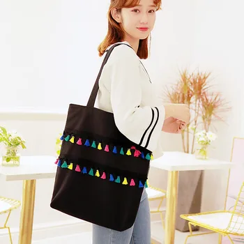

Women Tassel Canvas Tote Ladies Casual Shoulder Bag Foldable Shopping Bags Beach Bag Cotton Cloth Female Handbag Korean Style