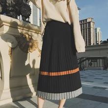 Модные Лоскутные Полосатые осенние длинные юбки вязанные женские с высокой талией плиссированные зимние юбки женские свитера юбки-пачки jupe femme