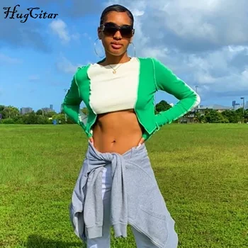 

Hugcitar 2020 Long Sleeve Patchwork Irregular Sexy Crop Top Autumn Winter Women Fashion Streetwear Outfits Tshirts Tees