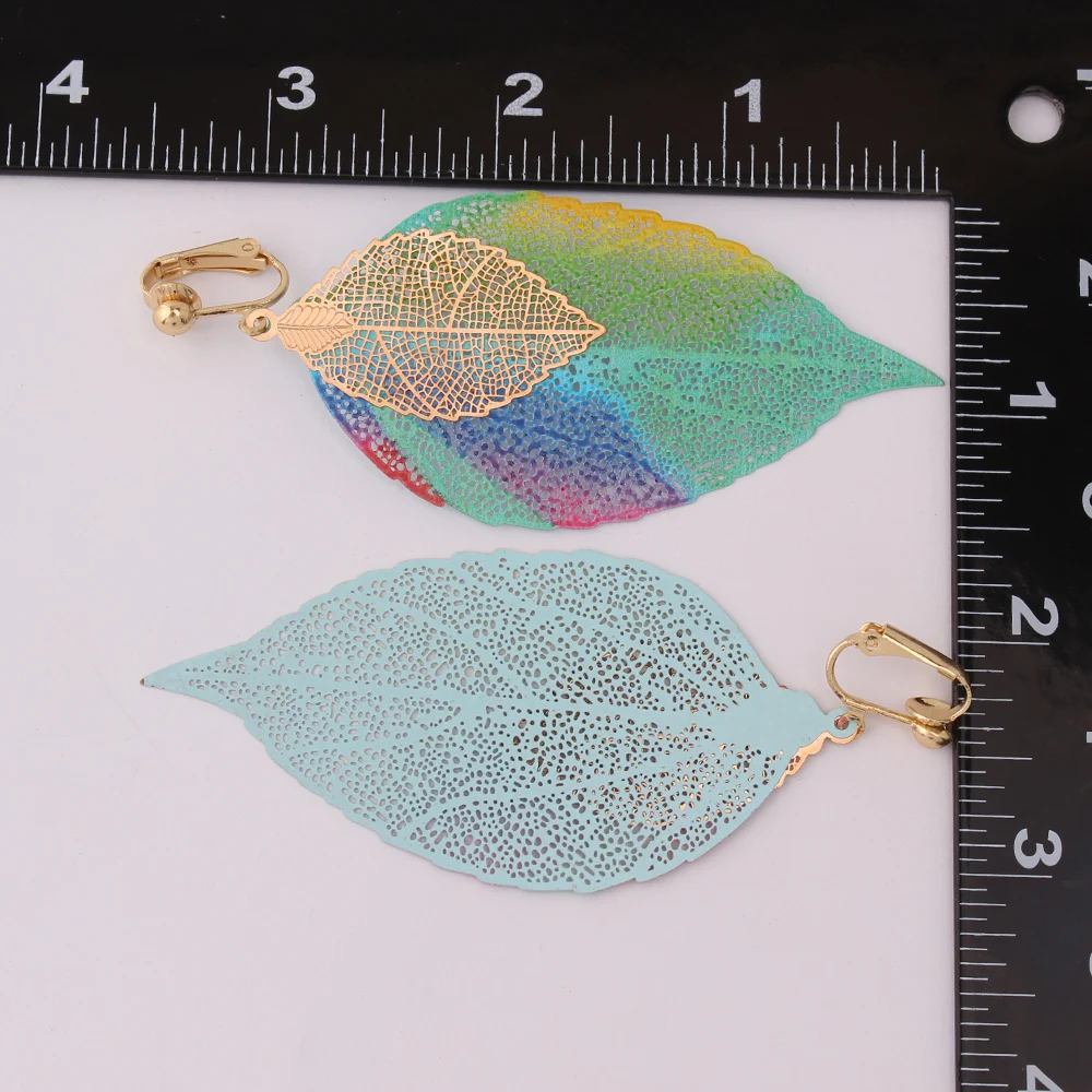 GRACE JUN Colorful Copper Material Double Leaf Clip on Earrings for Women Xmas Earrings