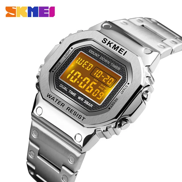Серебристый Skmei 1456 мужские G-style цифровые часы из нержавеющей стали с хронографом обратного отсчета наручные часы ударный светодиодный спортивные часы skmei montre homm - Цвет: Серебристый