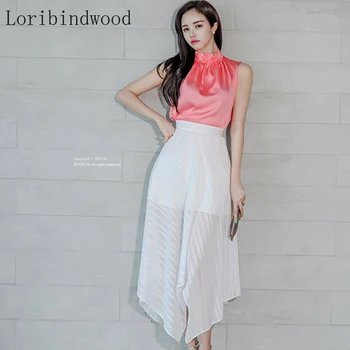 

2020 New Summer Women Sexy Work Wear 2 Pieces Set Sleeveless Blouses Crop Top & Irregular Long Skirt Korean Casual Sets