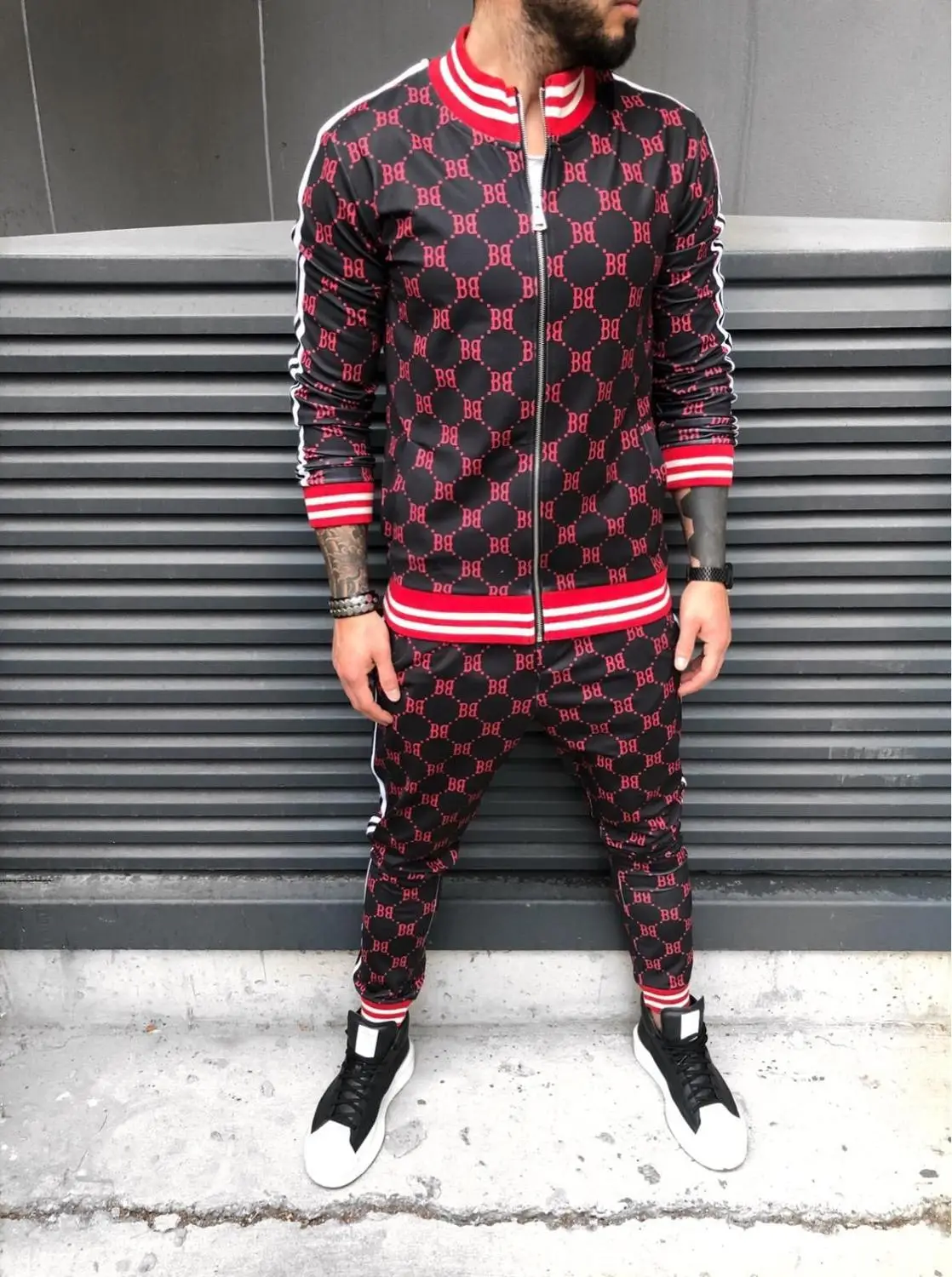 GYMOHYEAH 3D Quick drying Tracksuit Men Tracksuit New Set Autumn Mens 2 Piece Sets gyms Fitness Suit male Jacket+ Pants - Цвет: red