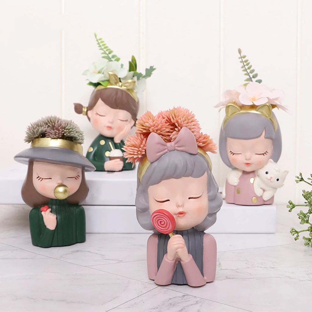 Flower Pot Resin Cute Girl Succulent Vase Succuletn Pot Pen Holder Flower Pot Bonsai for Home Tabletop Decoration