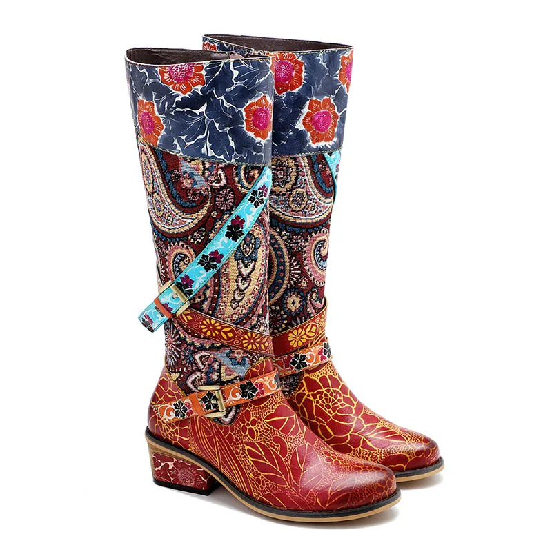 

Vintage Women Knee High Boots Genuine Leather Riding Boots Autumn Winter Round Toe High Square Heels Western Cowgirl Boots Shoes