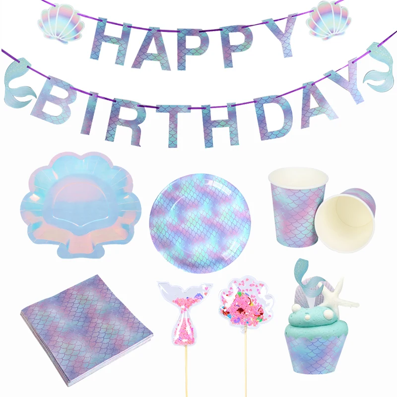Вечерние бумажные стаканчики в виде русалки для девочек на день рождения, товары для вечеринок, хвост русалки, ракушка, Морская звезда, воздушный шар, топпер для торта