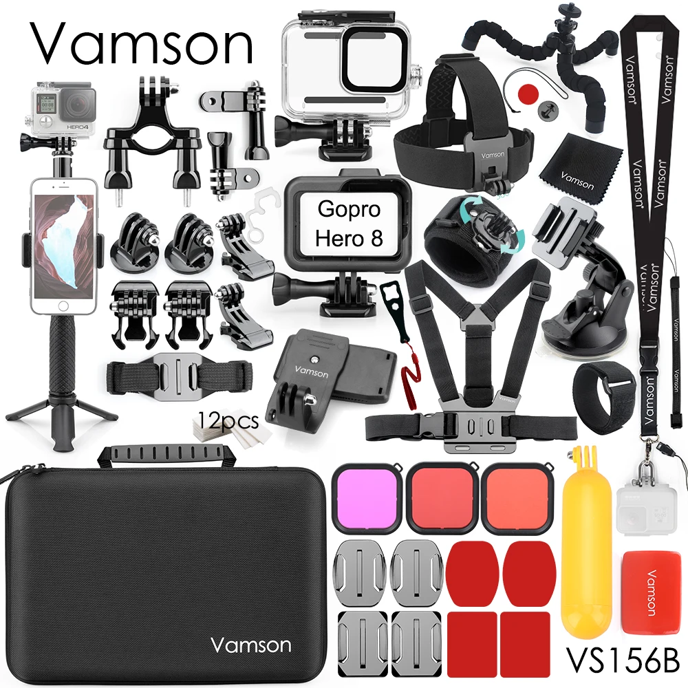 VS156B Vamson для GoPro набор аксессуаров для спортивной экшн-камеры Go Pro Hero 8 черный Водонепроницаемый Корпус чехол рюкзак зажим для Gopro 8 экшн Камера VS156 - Цвет: VS156B