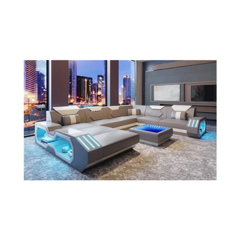 CBMMART New Arrival Living Room Furniture Sofa Sets JV003, Luxury U-shape Leather Sofa Set with LED Light - Цвет: Светло-серый