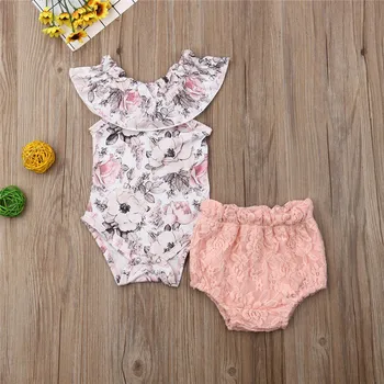 

2pcs Baby Girls Clothes Set Sleeveless Off Shoulder Floral Print Bodysuit Baby Girls Rompers Set Pink Lace Shorts Newborn Set