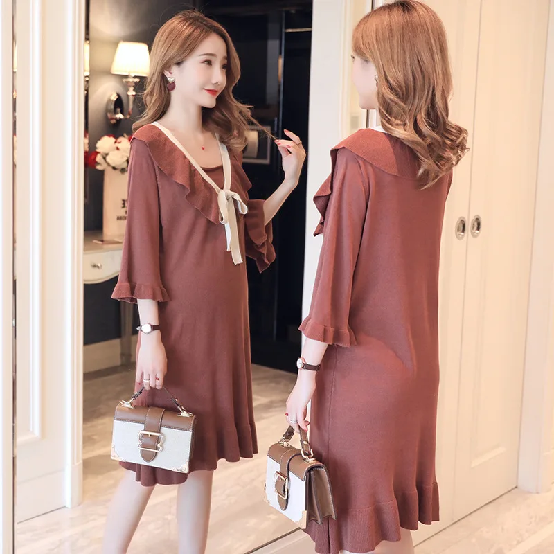 

Pregnant Women Autumn Clothing Dress 2018 Lace-up Flounced Pregnant Women Knitted Dress