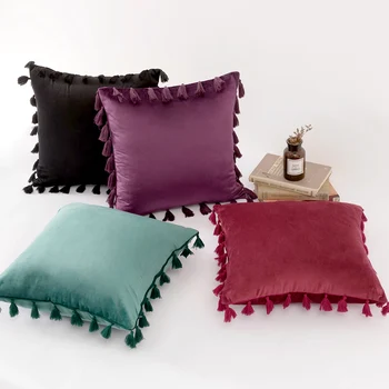 

Luxury Modern Velvet Cushion Tassel Cover Pillow Cases Blue Gray Pink Soft Pillow Case Home Sofa Throw Pillows Covers 45x45cm