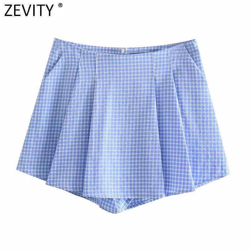 Zevity Women Fashion Plaid Print Pleat Design Hot Bermuda Shorts Skirts Female Chic Back Zipper Casual Pantalone Cortos P1101