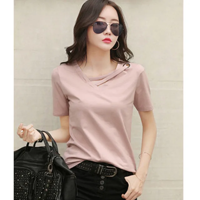 New summer short sleeve women white t-shirt women V-neck loose Korean black top casual compassionate trend t shirt women 6