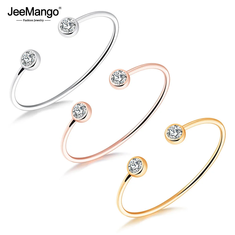 

JeeMango Trendy OL Stylestainless steel Open Bangles For Women Classic Inlaid Cubic Zirconia Wedding Cuff Bracelets JB18094