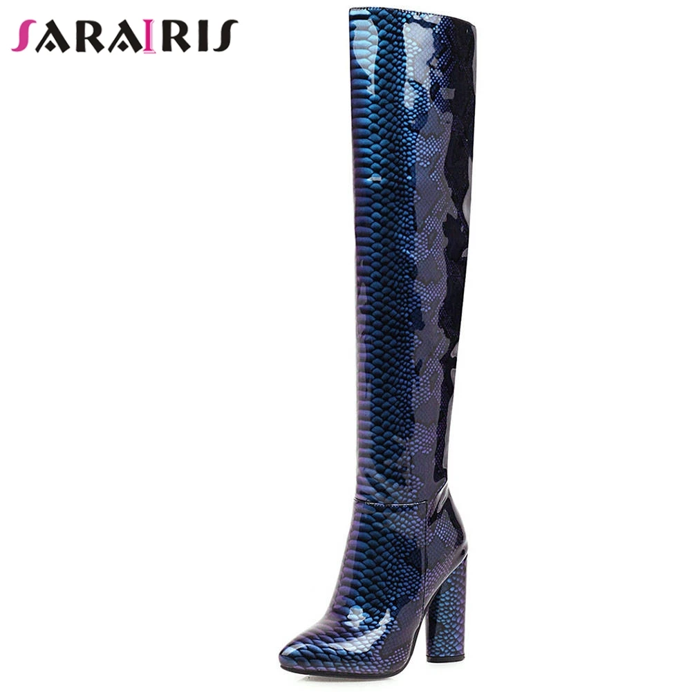 

SARAIRIS Plus Size 33-46 Stylish Patent Pu Boots Ladies Fashion Party Knee High Boots Women 2019 High Heels Shoes Woman