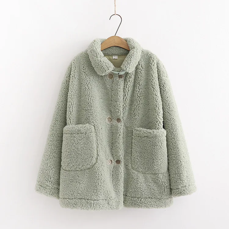 

F6041-Korean-style WOMEN'S Wear 2019 Autumn And Winter New Style Fold-down Collar Double Breasted Large Pocket Lambs Wool Coat W