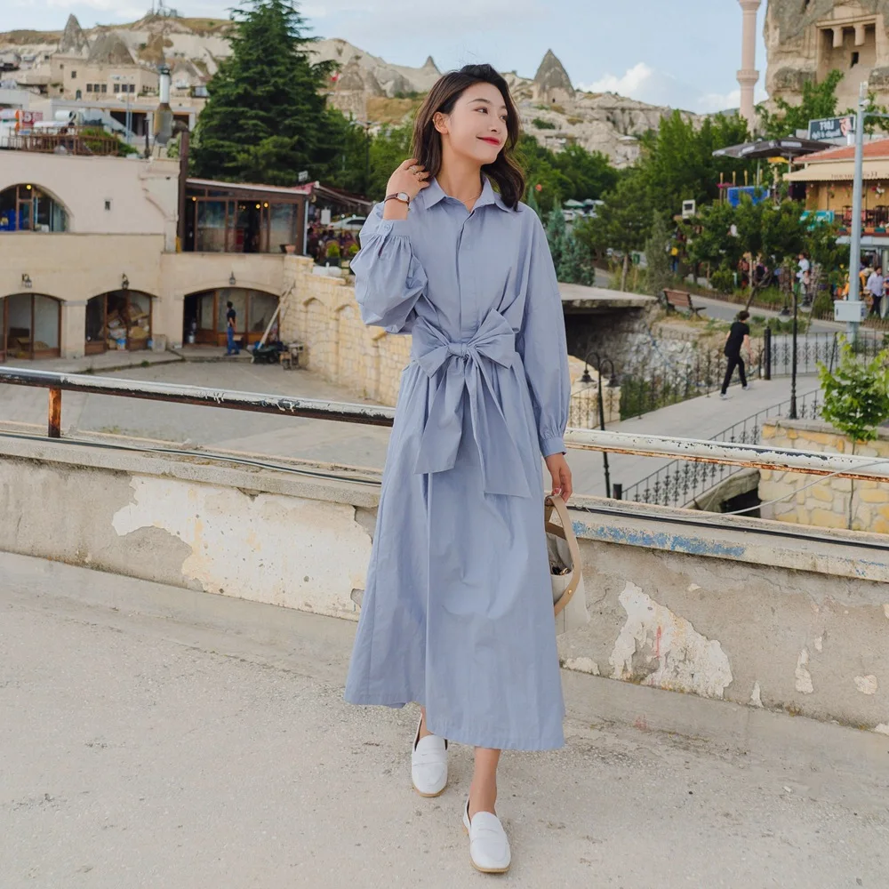 

Photo Shoot 2018 Autumn New Style Fashion Sense of Design Lace-up Bow Waist Hugging Explicit Thin Long Dress Skirt