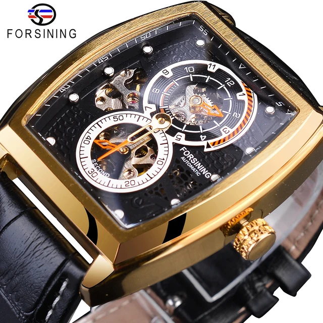 Forsining Black Dial Waterproof Automatic Mechanical Watch Skeleton Rectangle Military Watches With Bule Pointer Genuine Leather GMT1209-2