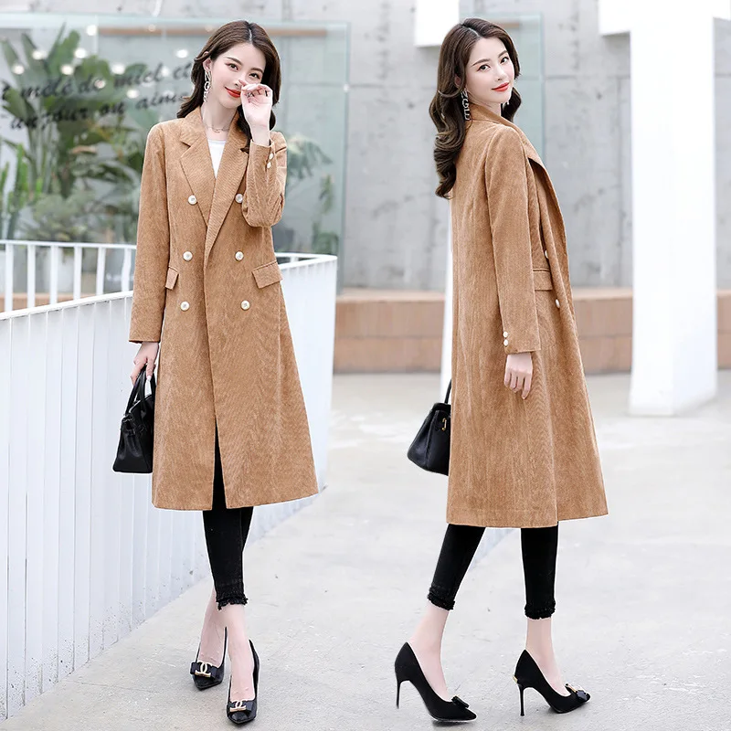 

2020 Spring Korean-style Corduroy Cool Fashion Double Breasted Mid-length Long Sleeve Loose-Fit Elegant Trench Coat