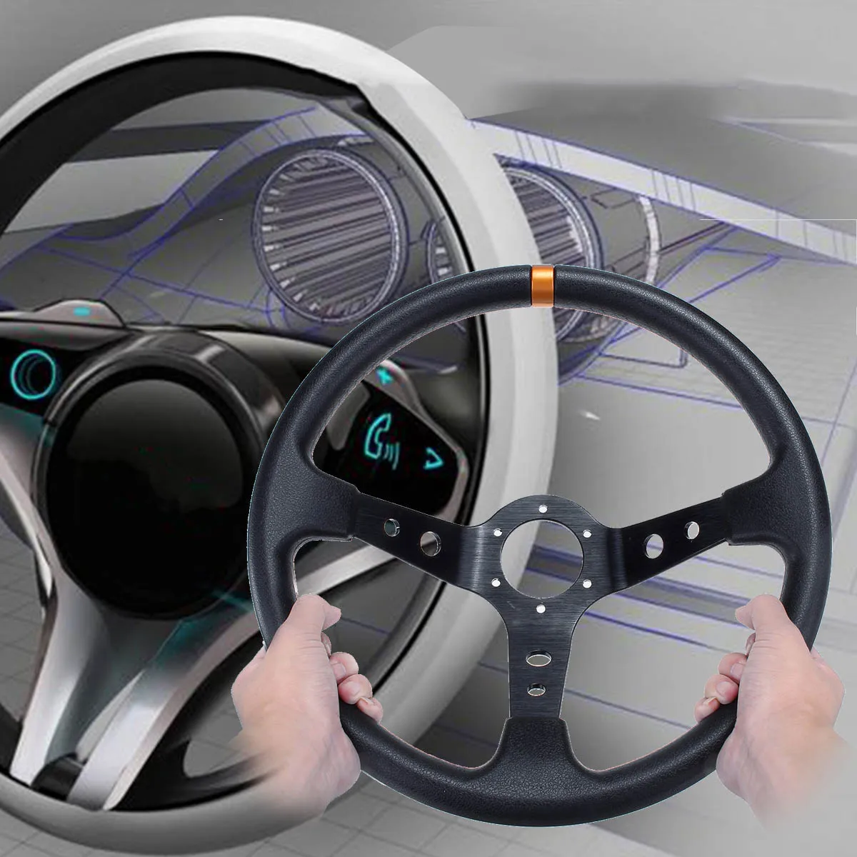 

14inch 350mm PU Leather Car Racing Steering Wheel Aluminum Alloy Deep Corn Dish Sport Drifting Steering Wheels Universal