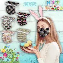 10PCS Unisex Easter Rabbit Printed Masks 3Ply Protective Disposable Bunny Face Mask Adult Pm2.5 Mask Earloop Bandage Masque