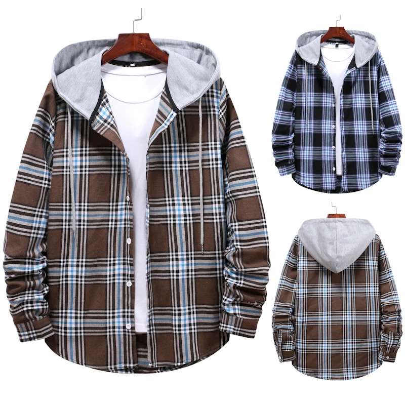 

2020 Autumn Men's Slim Fit Men Long Sleeve Hooded Shirt Men Plaid Shirt Male Casual Men Shirt Large size