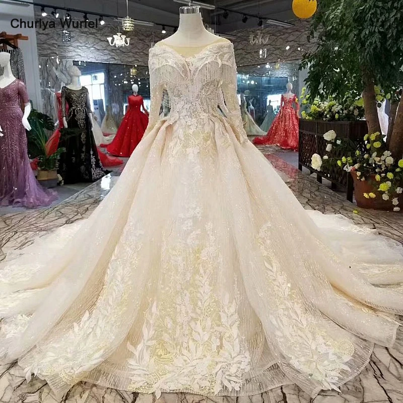 LS201801 Блестящие Свадебные платья с кисточками Чистый новый круглый вырез Длинный