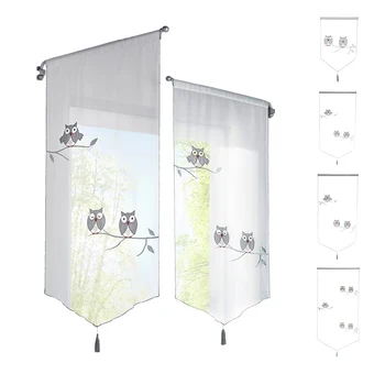 

Fashion Cartoon Owl Embroidered Roman Curtain/Vertical Ribbon Screens Door Voile Tulle Sheer Kitchen Balloon Window Curtain