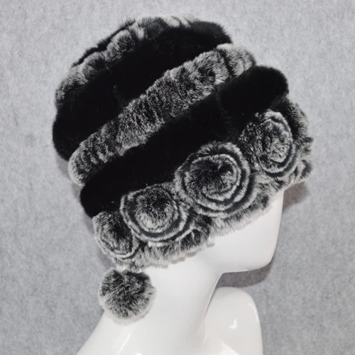 gray and black Лидер продаж, зимние женские шапки с цветами в полоску, натуральный настоящий мех кролика, женские теплые вязаные шапки из натурального меха, меховые шапки для русской улицы - Цвет: gray and black