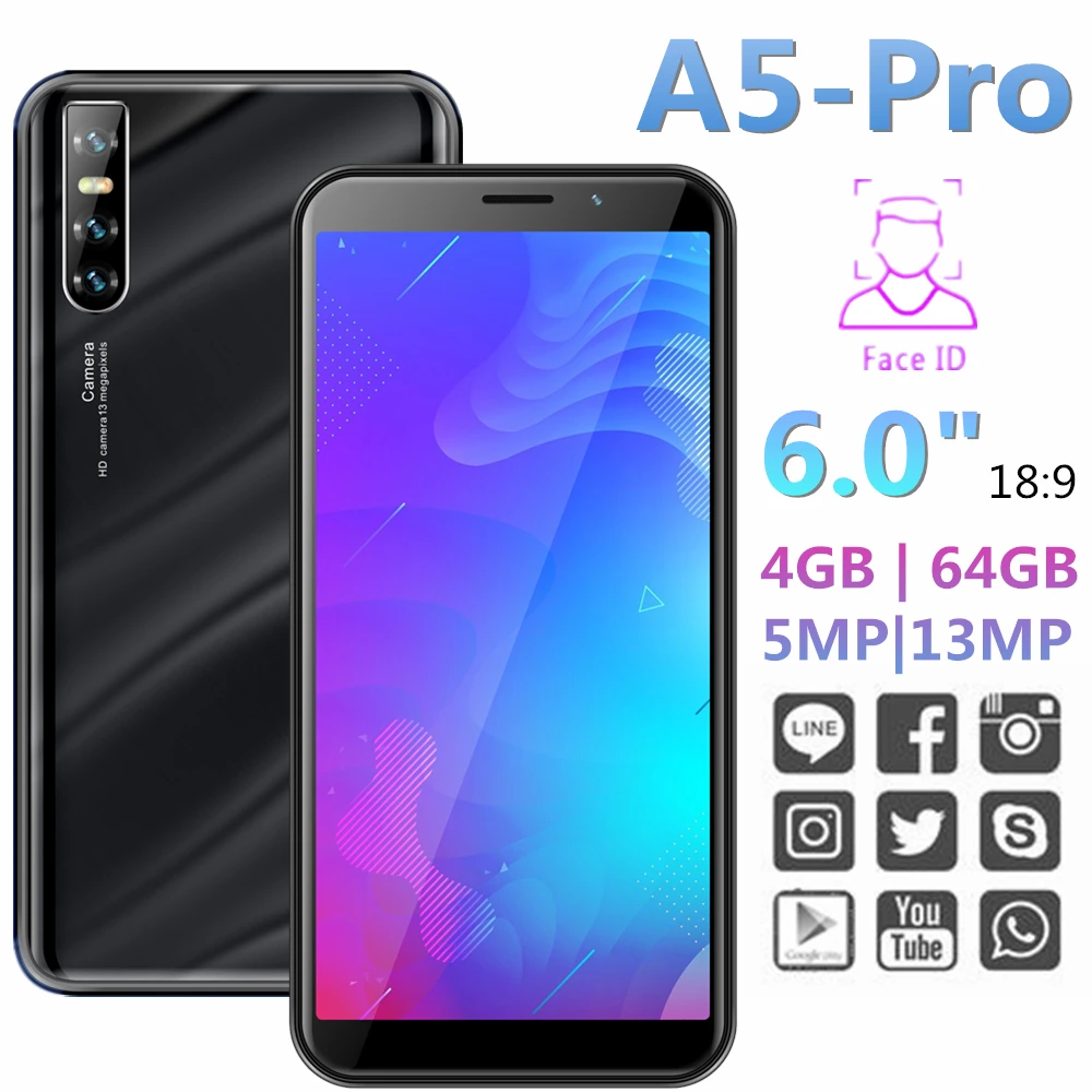 

Original Smartphones A5 Pro Android Phone 13MP 4G RAM 64G ROM celular HD 720P Quad core cheap mobile phones unlocked P35 MINI
