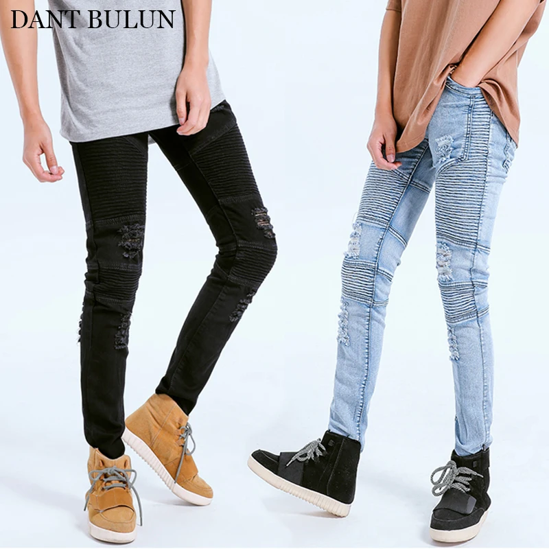 

2020 Skinny Jeans For Men Moto Casual Stretchy Pleated Slim Fit Homme Jeans Streetwear Ripped Holes Patchwork Demin Biker Jeans